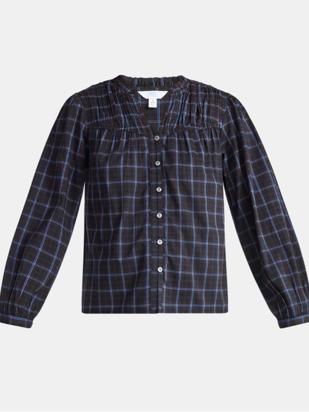 Time and Tru Black Plaid Button-Front Shirt w/Blue Windowpane Size L 12-14 NWT
